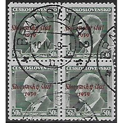 Mi 8 (x 4): 50 h. blue-green Definitive Stamp: Overprinted ‘Slovenský štát 1939’