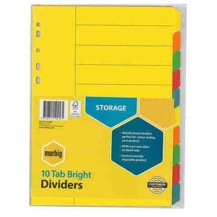 10x packs Marbig Divider A4 Manilla Brights 10 Tab Multi Coloured Tabs 37200F