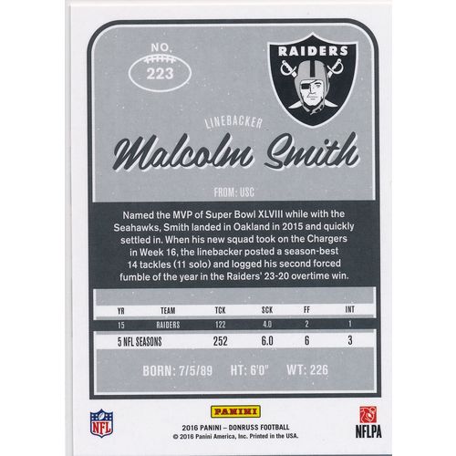 2016 Donruss Football 223 Malcolm Smith Oakland Raiders