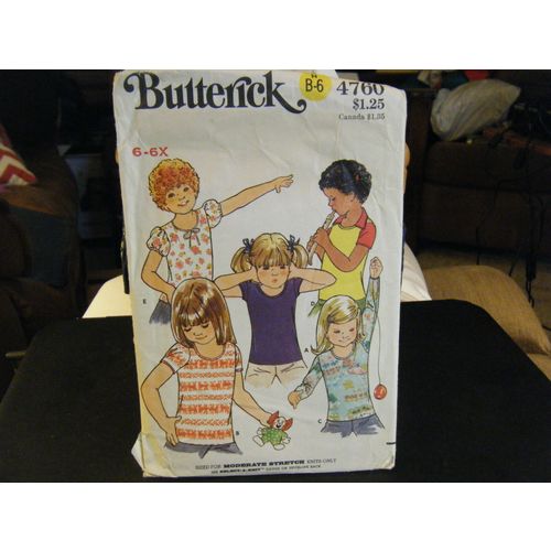 Butterick 4760 Girl's T-Shirt Pattern - Sizes 6-6X Chest 25-25 1/2