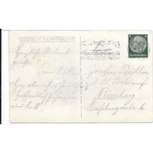 Germany Winter Olympic Slogan Cancel 1936 type 2 on postcard RP