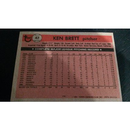 1981 Topps Card # 047 Ken Brett Very Good-Excellent (4) Kansas City Royals