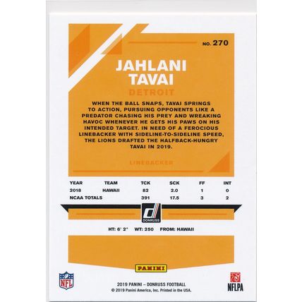 2019 Donruss Football Base 270 Jahlani Tavai RC Detroit Lions