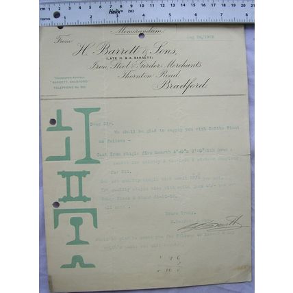 1903 letter H. Barrett & Sons, Bradford re Smiths Plant