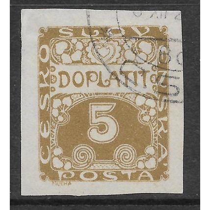 CZECHOSLOVAKIA 1919 POSTAGE DUE 5H OLIVE IMPERF SG D24 FINE USED