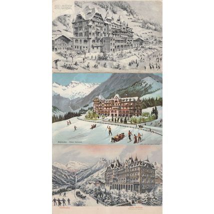 Skiing at Hotel National Adelboden 3x Old Switzerland Postcard s