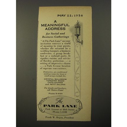 1954 The Park Lane Hotel Ad - A Meaningful address for social and business