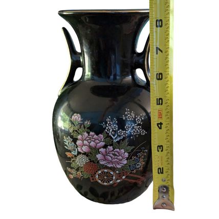 Vintage 8.25" Black Gloss Wagon Flowers Taiwan Asian Design Ceramic Vase Handles