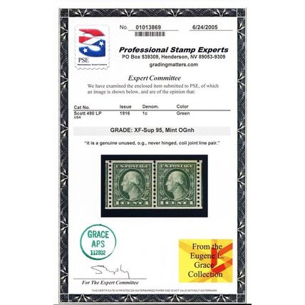 490, MNH 1¢ XF/Superb Coil Line Pair - PSE Graded 95 Certificate * Stuart Katz