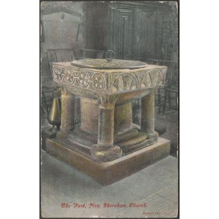 The Font, New Shoreham Church, Sussex, 1909 - Homeland Postcard