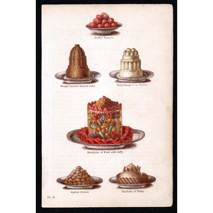 STUFFED TOMATOS - APRICOT FRITTERS - COOKERY - MRS BEETON 1869 WOOD ENGRAVING