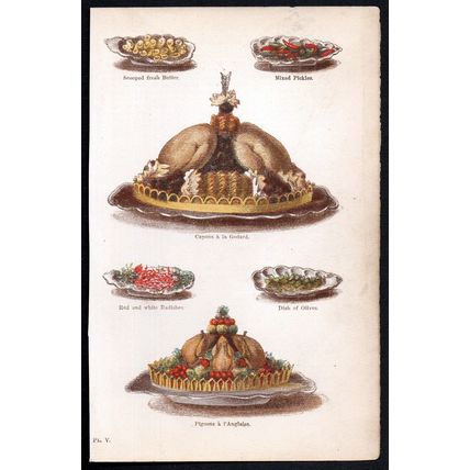 CAPONS A LA GODARD - DISH OF OLIVES - COOKERY - MRS BEETON 1869 WOOD ENGRAVING