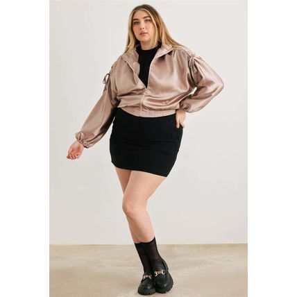 Plus Satin Zip-up Ruched Long Sleeve Cropped Bomber Jacket