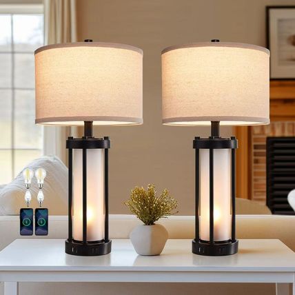 RORIA Set of 2 Modern Table Lamps for Living Room with 2 USB Ports, White Froste
