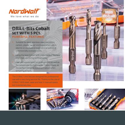 Nordwolf 5-Piece M35 Cobalt Stubby Drill Bit Set for Stainless Steel & Hard Meta