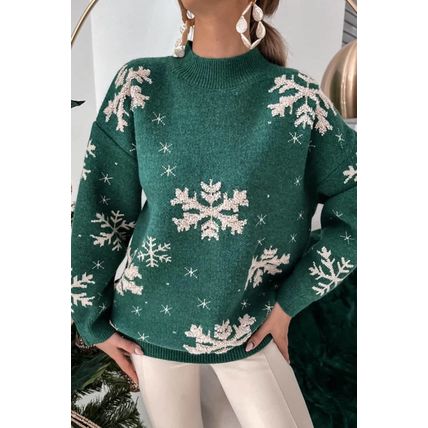 Blackish Green Christmas Snowflake Mock Neck Sweater