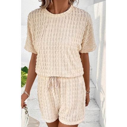 Beige Frill Textured Short Sleeve Top and Drawstring Shorts Set