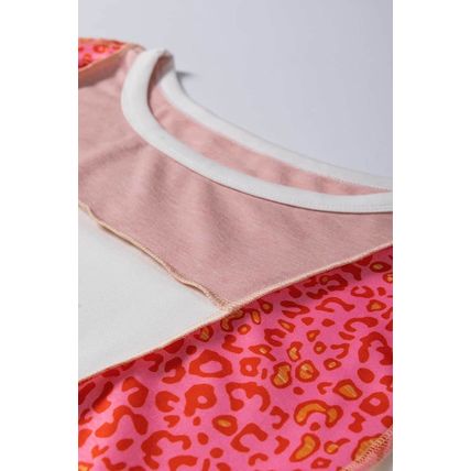 Peach Blossom Leopard Colorblock Patchwork Exposed Seam Top
