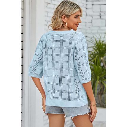 Myosotis Eyelet Checker Knit Half Sleeve Top