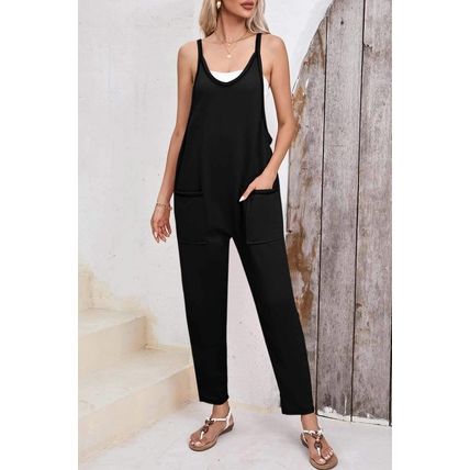 Black Side Pockets Harem Pants Sleeveless V Neck Jumpsuit