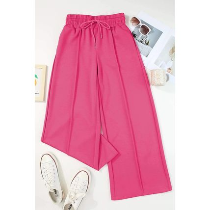 Rose Red Terry Knit Drawstring Smocked Waist Wide Leg Sweatpants