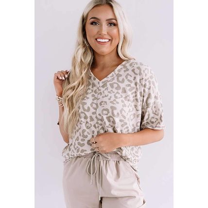 Brown Leopard Print V Neck Plus Size T Shirt