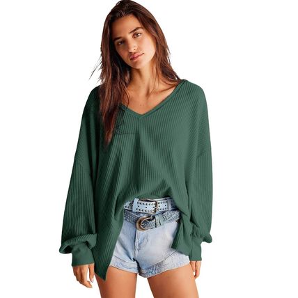 Blackish Green Waffle V Neck Long Sleeve Drop Shoulder Loose Blouse