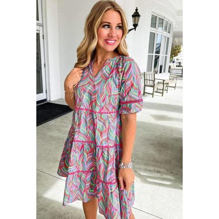 Light Blue Abstract Printed Ricrac Tiered Puff Sleeve Dress