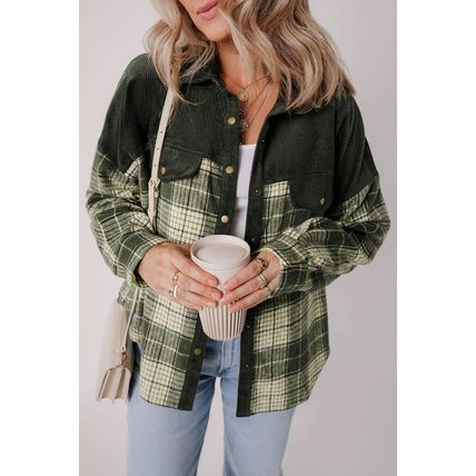 Blackish Green Snap Buttons Colorblock Plaid Shacket
