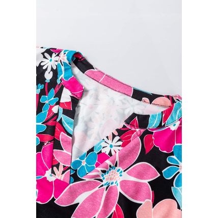 Pink Floral V Neck Roll Tab Sleeve Blouse