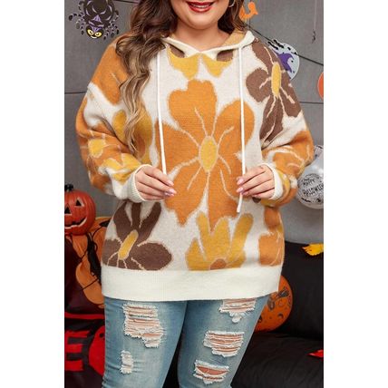 White Large Flower Knitted Drawstring Hooded Plus Size Sweater