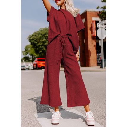 Red Dahlia Textured Loose Fit T Shirt and Drawstring Pants Set