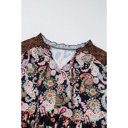 Black Plus Size Paisley Floral Print V Neck Bubble Sleeve Blouse