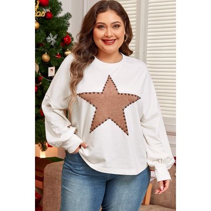 Beige Star Shape Studded Crew Neck Plus Size Long Sleeve Top