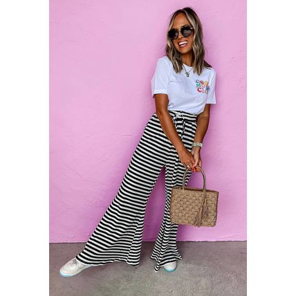 Black Stripe Lace-up Waist Casual Flared Pants