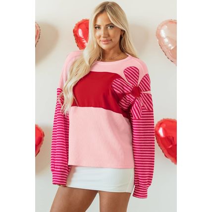 Pink Floral Patch Color Block Striped Sleeve Textured Top