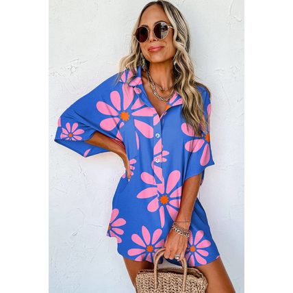 Blue Summer Flower Print Shirt Collar Button Front Loose Romper