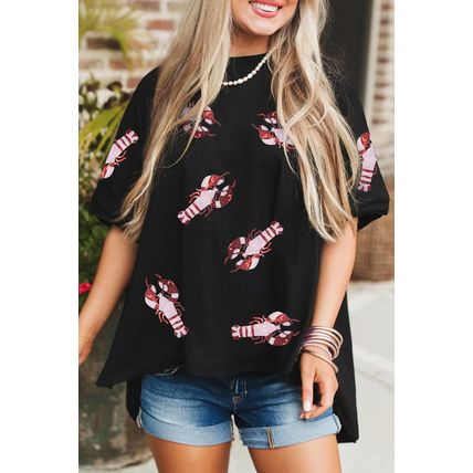 Black Sequin Crayfish Graphic Drop Sleeve High Low Tee