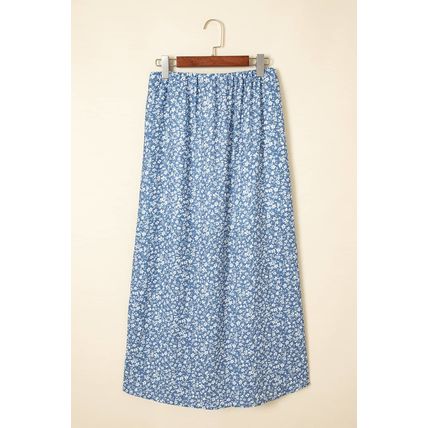 Sky Blue Boho Floral High Waist Long Skirt with Side Split