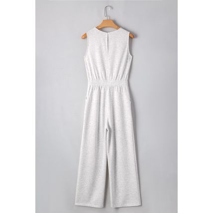 Light Grey Solid Color Crew Neck Drawstring High Waist Sleeveless Jumpsuit