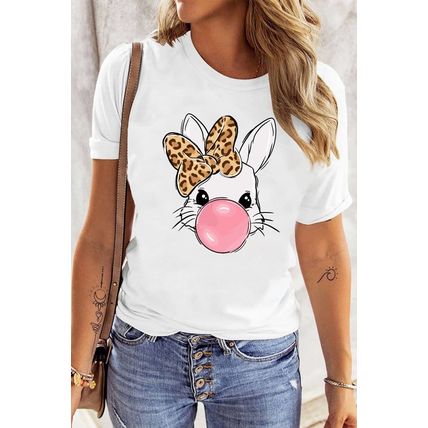 White Leopard Bow Bubble Rabbit Graphic Tee