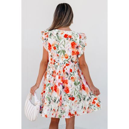 Pink Floral Double Ruffle Sleeve V Neck High Waist Mini Dress