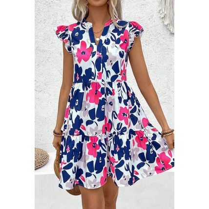 Fashion Floral Print Notched Neck Flutter Sleeve Mini Dress