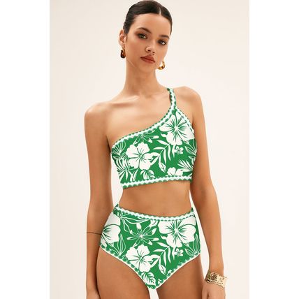 Green Floral Print One Shoulder High Waist Bikini Set