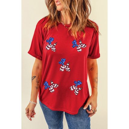 Red Sequin Stars and Stripes Balloon Puppy Graphic Crewneck Tee