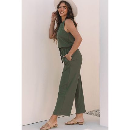 Vineyard Green Buttoned Drawstring Waist Sleeveless Wide Leg Jumpsuit