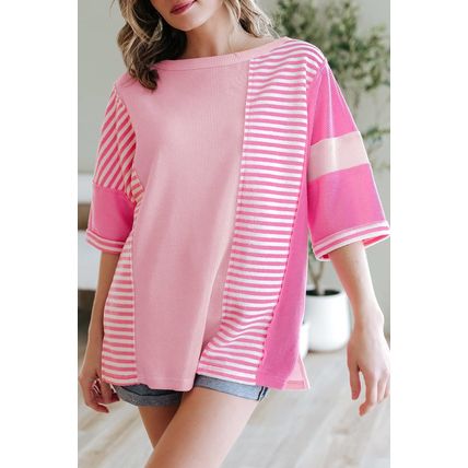 Pink Stripe Color Block Patchwork Loose Half Sleeve T Shirt