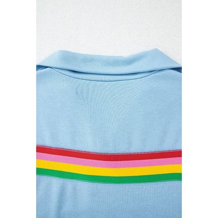 Sky Blue Rainbow Colorblock Collared Short Sleeve Top 2 Piece Shorts Set
