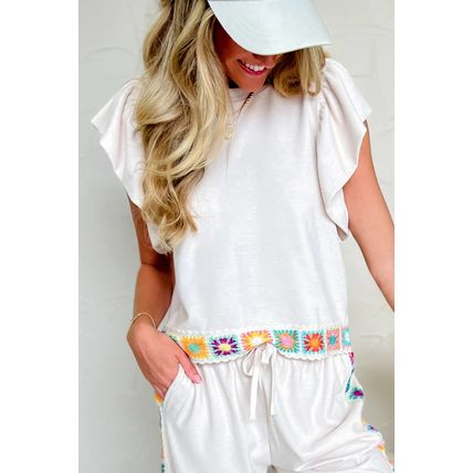 White Floral Crochet Patched Ruffled Sleeve Crewneck Blouse