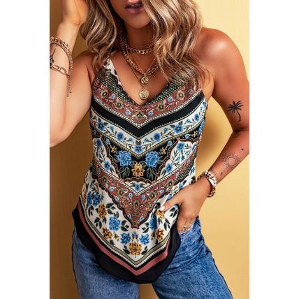 Red Mixed Floral Chevron Pattern Dip Hem Spaghetti Straps Tank